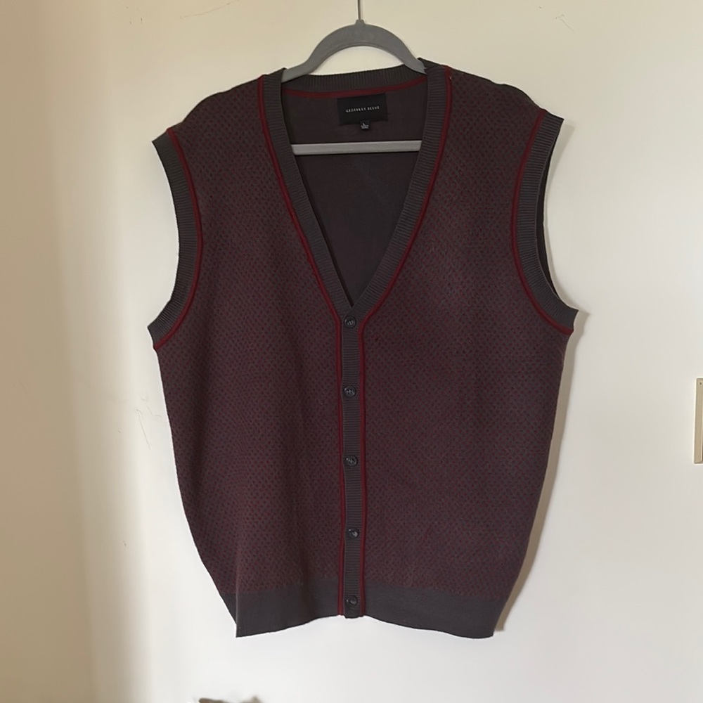 Geoffrey Beene V-Neck Sweater Vest - Dark Gray and Red